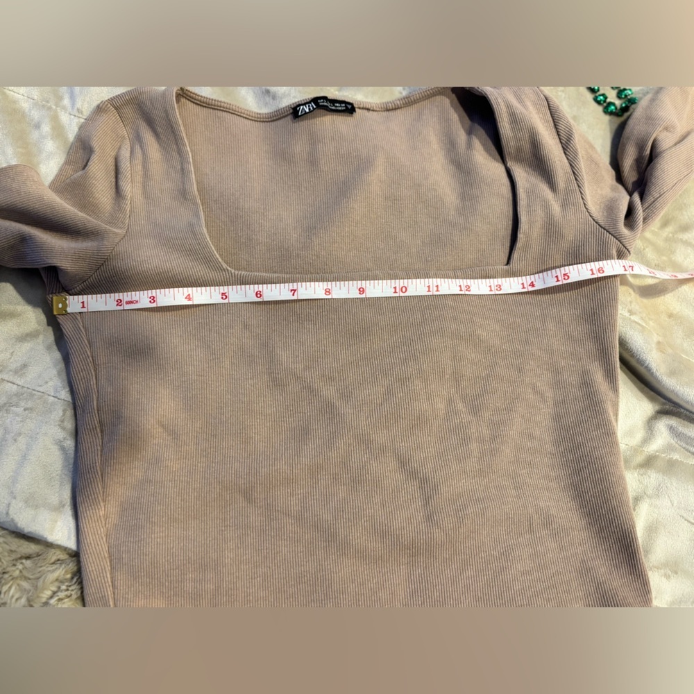 Zara Tan Long Sleeve Women's Square Neck Ribbed Crop Top L - Picture 7 of 12